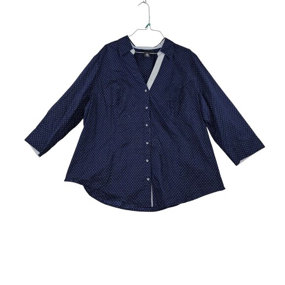 Lane Bryant Womens Button Down Navy Polka Dot Shirt Size 26 Cotton Blend - Picture 1 of 7